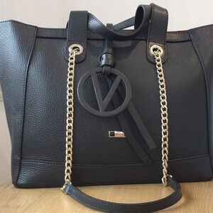 Black Leather Tote Bag with Gold Chain by Valentino